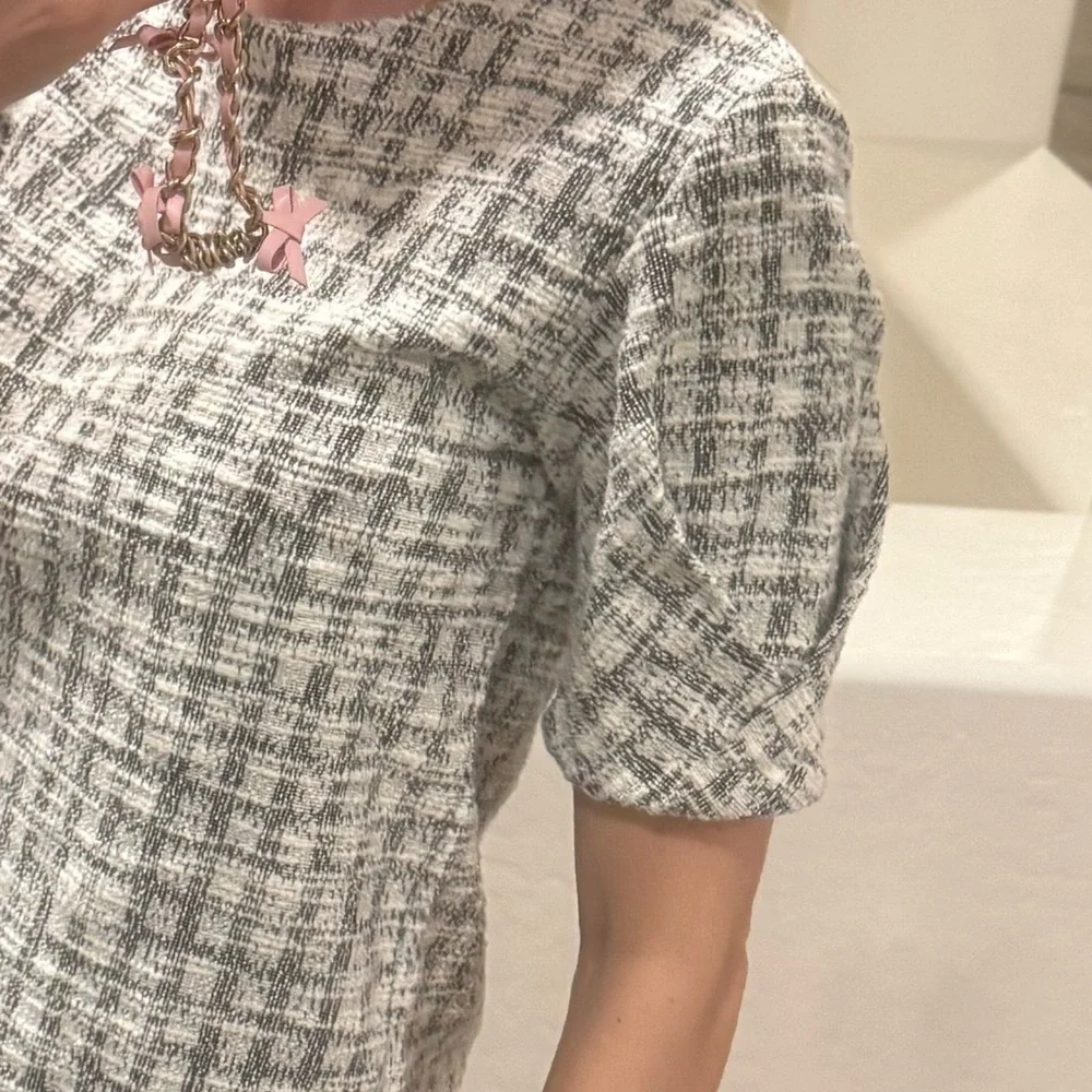 Banana Republic Plaid Textured Tweed Knit Puff Sleeve Short Sleeve Top Blouse
